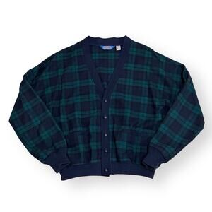 VTG Pendleton Tartan Plaid Cardigan Mens XL Blue Green Virgin Wool Grandpa USA